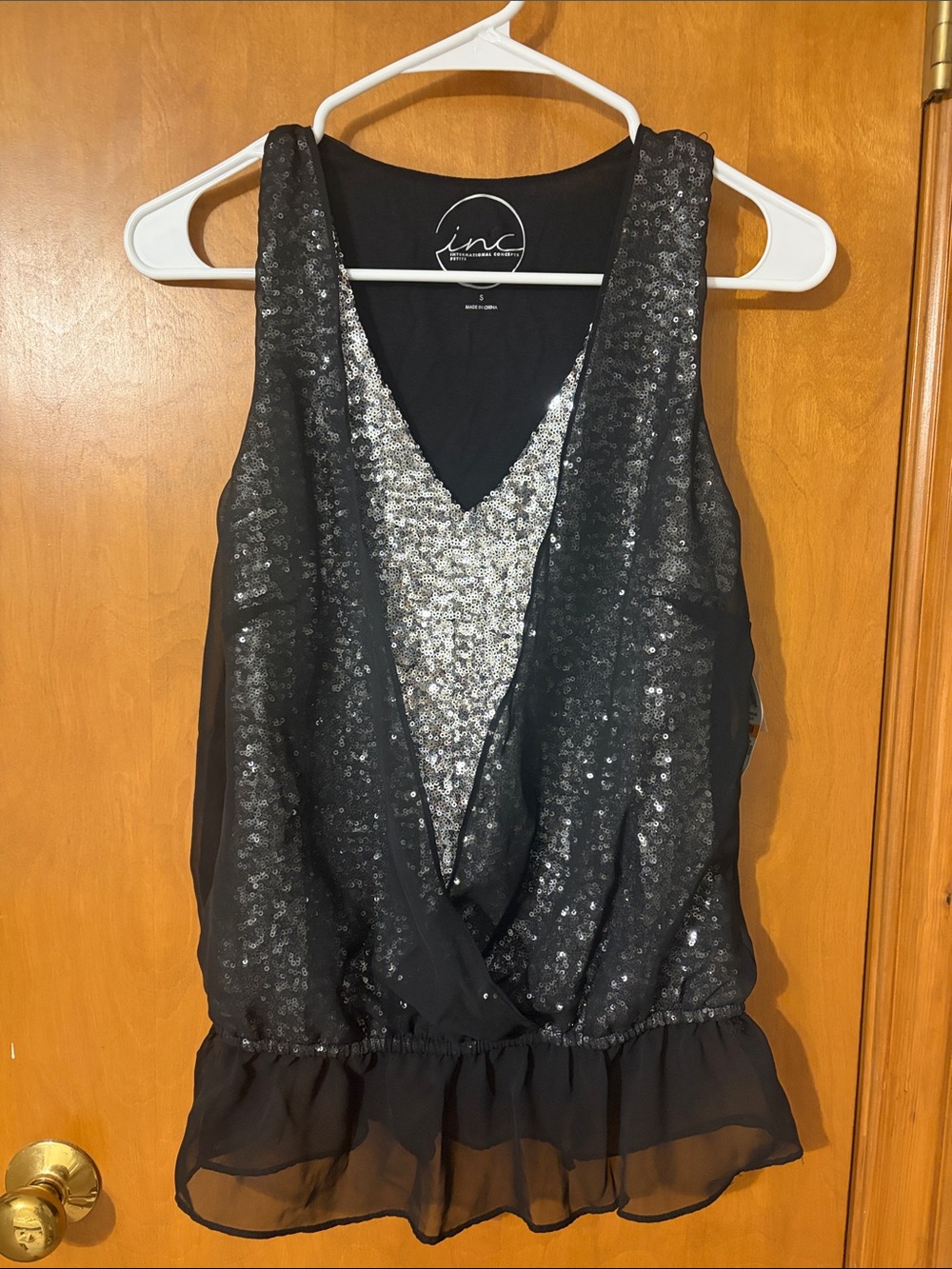 INC International Concepts Petite Black & Silver Sequin V-Neck Camisole